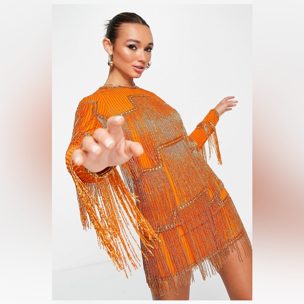 Orange beaded fringe dress